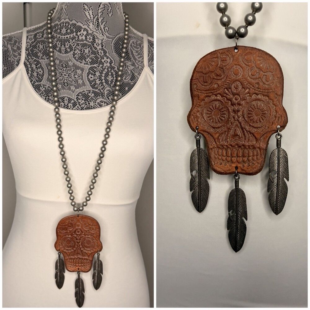 Long Bohemian-style leather Skull feather pendant necklace Dia De Los Muertos